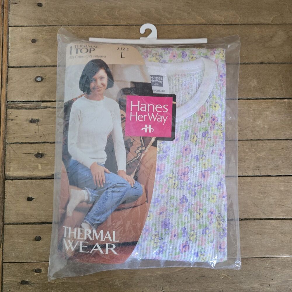 1997 Hanes Her Way Thermal  Wear Top Under Shirt Pastel Floral Womens Size Large